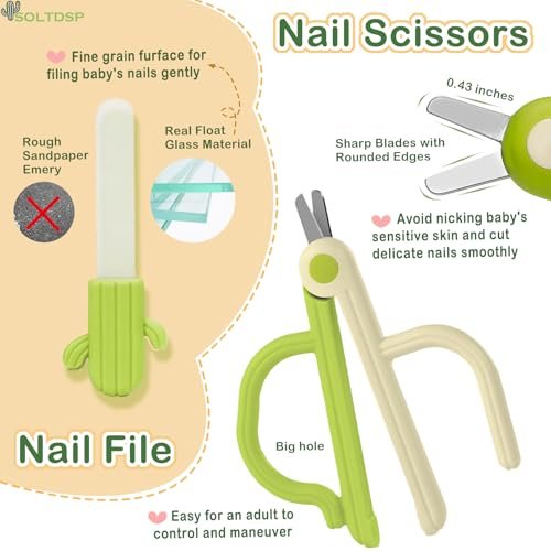 Soltdsp 5-in-1 Baby-Nagelset mit Aufbewahrungsbox, Kaktus-Design – Baby-Nagelknipser, Nagelschere, Nagelfeile, Pinzette & Nasenpicker – unverzichtbare Neuheiten für Babyparty (Grün)