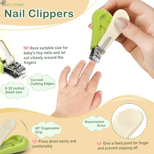 Soltdsp 5-in-1 Baby-Nagelset mit Aufbewahrungsbox, Kaktus-Design – Baby-Nagelknipser, Nagelschere, Nagelfeile, Pinzette & Nasenpicker – unverzichtbare Neuheiten für Babyparty (Grün)