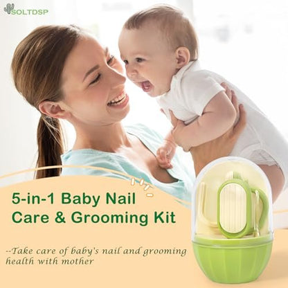 Soltdsp 5-in-1 Baby-Nagelset mit Aufbewahrungsbox, Kaktus-Design – Baby-Nagelknipser, Nagelschere, Nagelfeile, Pinzette & Nasenpicker – unverzichtbare Neuheiten für Babyparty (Grün)