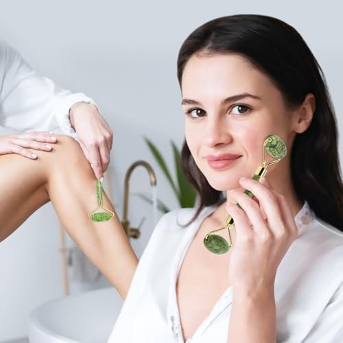 Sbnnfikeb 5-teiliges Jade-Roller & Gua Sha Set – Jade-Gesichtspflege-Set für die tägliche Hautpflege und als Geschenk