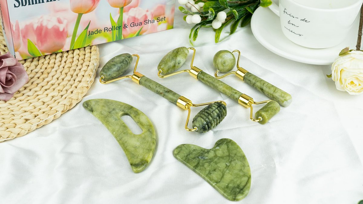 Sbnnfikeb 5-teiliges Jade-Roller & Gua Sha Set – Jade-Gesichtspflege-Set für die tägliche Hautpflege und als Geschenk