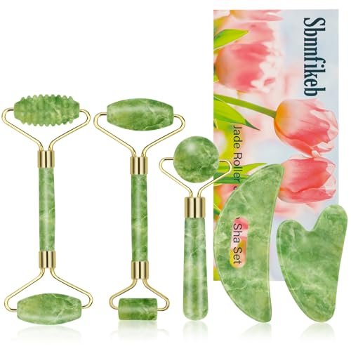 Sbnnfikeb 5-teiliges Jade-Roller & Gua Sha Set – Jade-Gesichtspflege-Set für die tägliche Hautpflege und als Geschenk