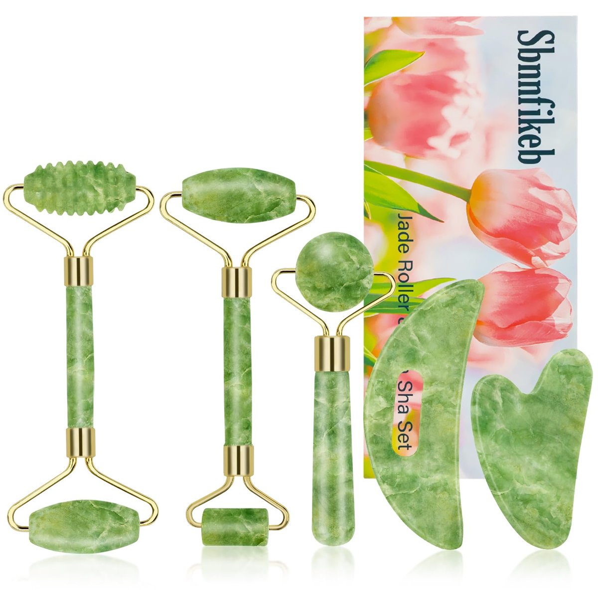 Sbnnfikeb 5-teiliges Jade-Roller & Gua Sha Set – Jade-Gesichtspflege-Set für die tägliche Hautpflege und als Geschenk