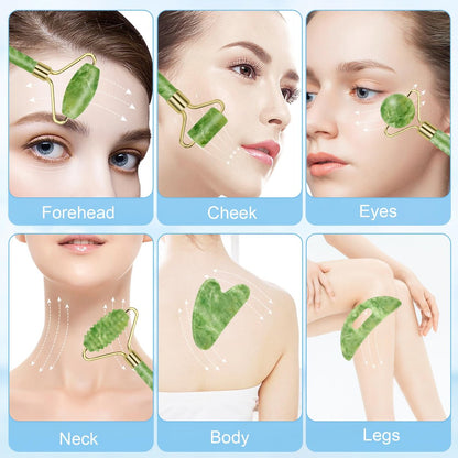 Sbnnfikeb 5-teiliges Jade-Roller & Gua Sha Set – Jade-Gesichtspflege-Set für die tägliche Hautpflege und als Geschenk