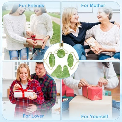 Sbnnfikeb 5-teiliges Jade-Roller & Gua Sha Set – Jade-Gesichtspflege-Set für die tägliche Hautpflege und als Geschenk