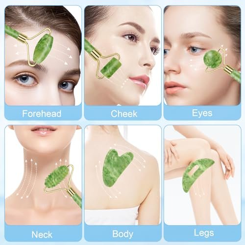 Sbnnfikeb 5-teiliges Jade-Roller & Gua Sha Set – Jade-Gesichtspflege-Set für die tägliche Hautpflege und als Geschenk