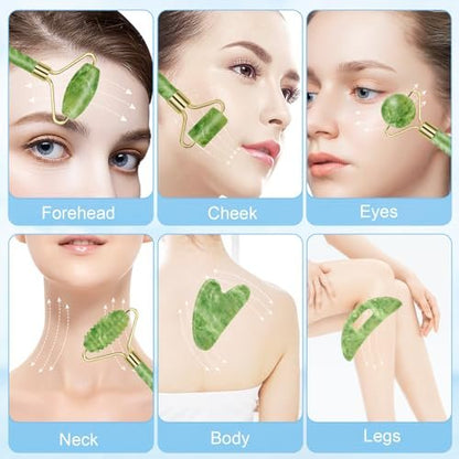 Sbnnfikeb 5-teiliges Jade-Roller & Gua Sha Set – Jade-Gesichtspflege-Set für die tägliche Hautpflege und als Geschenk