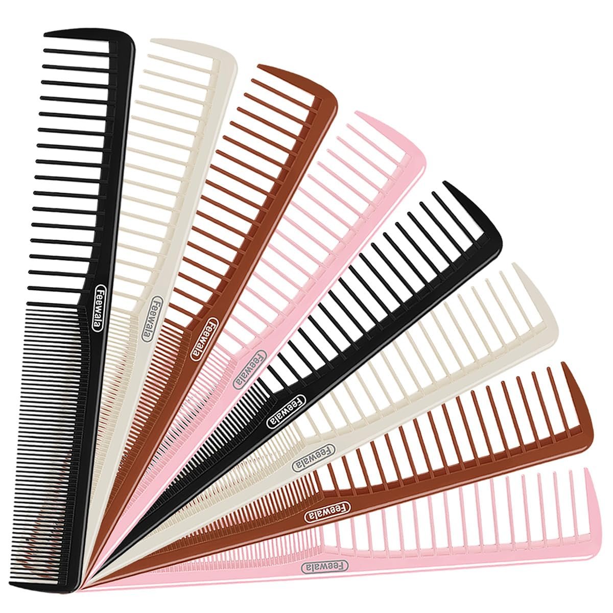 Feewala Kamm-Set, klassischer Haarkamm, feine und breite Zinken, für Frisuren, Pflege, Entwirren, Abteilen, Toupieren, für Damen und Herren, 17,8 cm, 4 Farben, 8 Stück