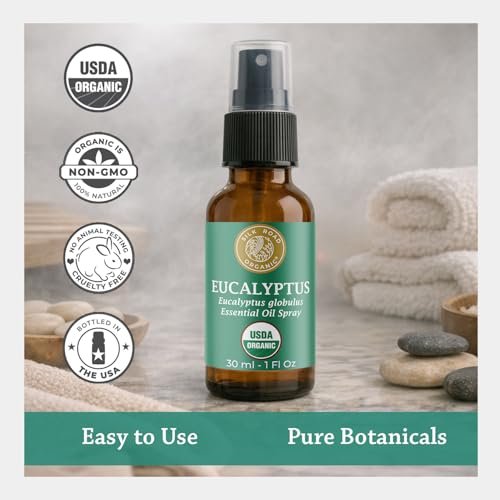 Silk Road Organic Bio Eukalyptus ätherisches Öl Spray, 100% rein, USDA zertifiziert - für Atemwege, Hautpflege & Aromatherapie – 30 ml