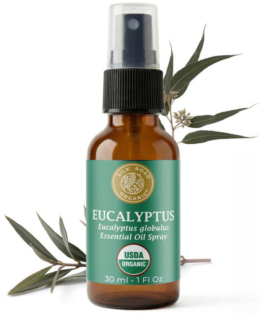 Silk Road Organic Bio Eukalyptus ätherisches Öl Spray, 100% rein, USDA zertifiziert - für Atemwege, Hautpflege & Aromatherapie – 30 ml
