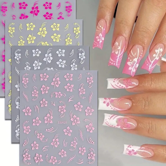8 Stücke 3D Blumen Nagelaufkleber, Hawaiianische Blumen Nagel-Dekore, Weiß Pink Gelb Selbstklebende Blumenaufkleber für Nägel, Sommer Florale Maniküre Schieber für Frauen Mädchen Nagelkunst Dekorationen