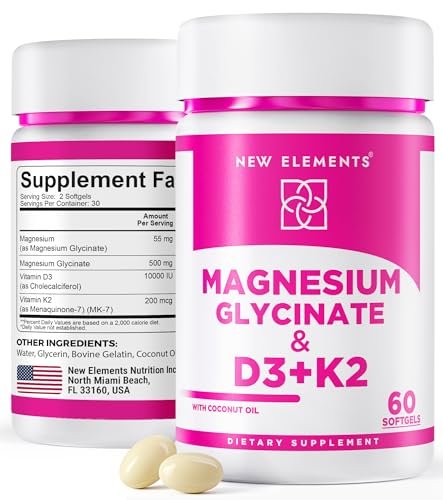 Magnesium Glycinat 500mg mit hochdosiertem Vitamin D3 10.000 IE & Vitamin K2 200mcg | Angereichert mit Kokosöl für optimale Absorption | Non-GMO, glutenfrei, zuckerfrei Softgels (60 Softgels)