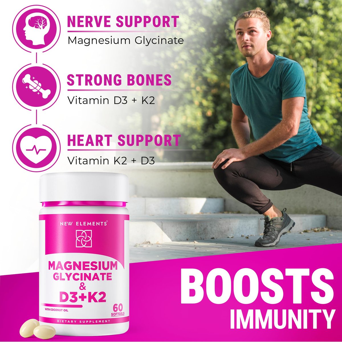 Magnesium Glycinat 500mg mit hochdosiertem Vitamin D3 10.000 IE & Vitamin K2 200mcg | Angereichert mit Kokosöl für optimale Absorption | Non-GMO, glutenfrei, zuckerfrei Softgels (60 Softgels)