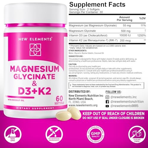Magnesium Glycinat 500mg mit hochdosiertem Vitamin D3 10.000 IE & Vitamin K2 200mcg | Angereichert mit Kokosöl für optimale Absorption | Non-GMO, glutenfrei, zuckerfrei Softgels (60 Softgels)