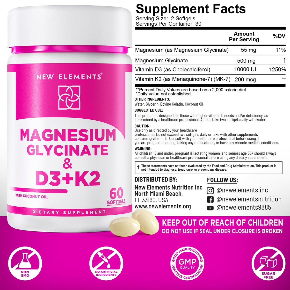 Magnesium Glycinat 500mg mit hochdosiertem Vitamin D3 10.000 IE & Vitamin K2 200mcg | Angereichert mit Kokosöl für optimale Absorption | Non-GMO, glutenfrei, zuckerfrei Softgels (60 Softgels)
