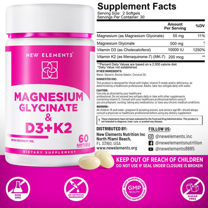 Magnesium Glycinat 500mg mit hochdosiertem Vitamin D3 10.000 IE & Vitamin K2 200mcg | Angereichert mit Kokosöl für optimale Absorption | Non-GMO, glutenfrei, zuckerfrei Softgels (60 Softgels)