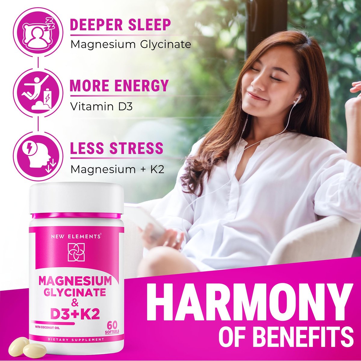 Magnesium Glycinat 500mg mit hochdosiertem Vitamin D3 10.000 IE & Vitamin K2 200mcg | Angereichert mit Kokosöl für optimale Absorption | Non-GMO, glutenfrei, zuckerfrei Softgels (60 Softgels)