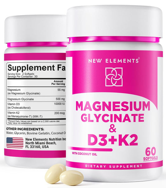 Magnesium Glycinat 500mg mit hochdosiertem Vitamin D3 10.000 IE & Vitamin K2 200mcg | Angereichert mit Kokosöl für optimale Absorption | Non-GMO, glutenfrei, zuckerfrei Softgels (60 Softgels)