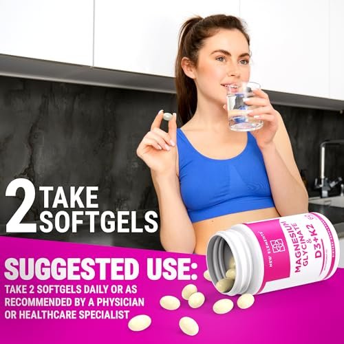 Magnesium Glycinat 500mg mit hochdosiertem Vitamin D3 10.000 IE & Vitamin K2 200mcg | Angereichert mit Kokosöl für optimale Absorption | Non-GMO, glutenfrei, zuckerfrei Softgels (60 Softgels)