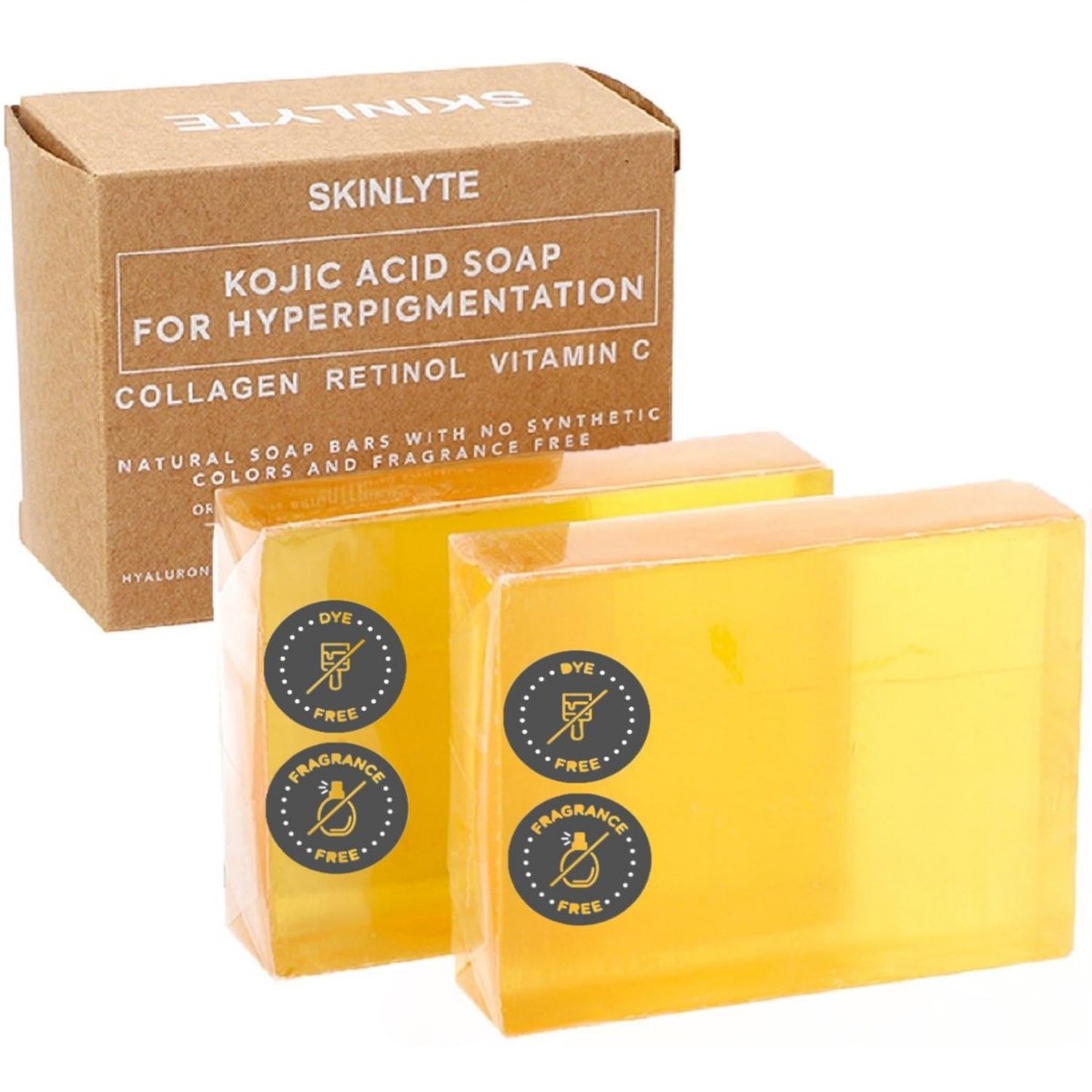 SKINLYTE Kojic Acid Seife Natur – Duftfrei und Farbstofffrei – Dunkle Flecken Entferner Hyperpigmentierung Korrektor K-Beauty Formel – Kurkuma, Glycerin, Kollagen, Hyaluronsäure, Retinol (2er Pack) 198g