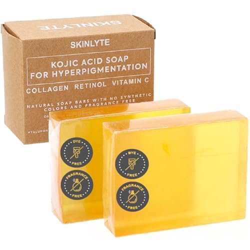 SKINLYTE Kojic Acid Seife Natur – Duftfrei und Farbstofffrei – Dunkle Flecken Entferner Hyperpigmentierung Korrektor K-Beauty Formel – Kurkuma, Glycerin, Kollagen, Hyaluronsäure, Retinol (2er Pack) 198g
