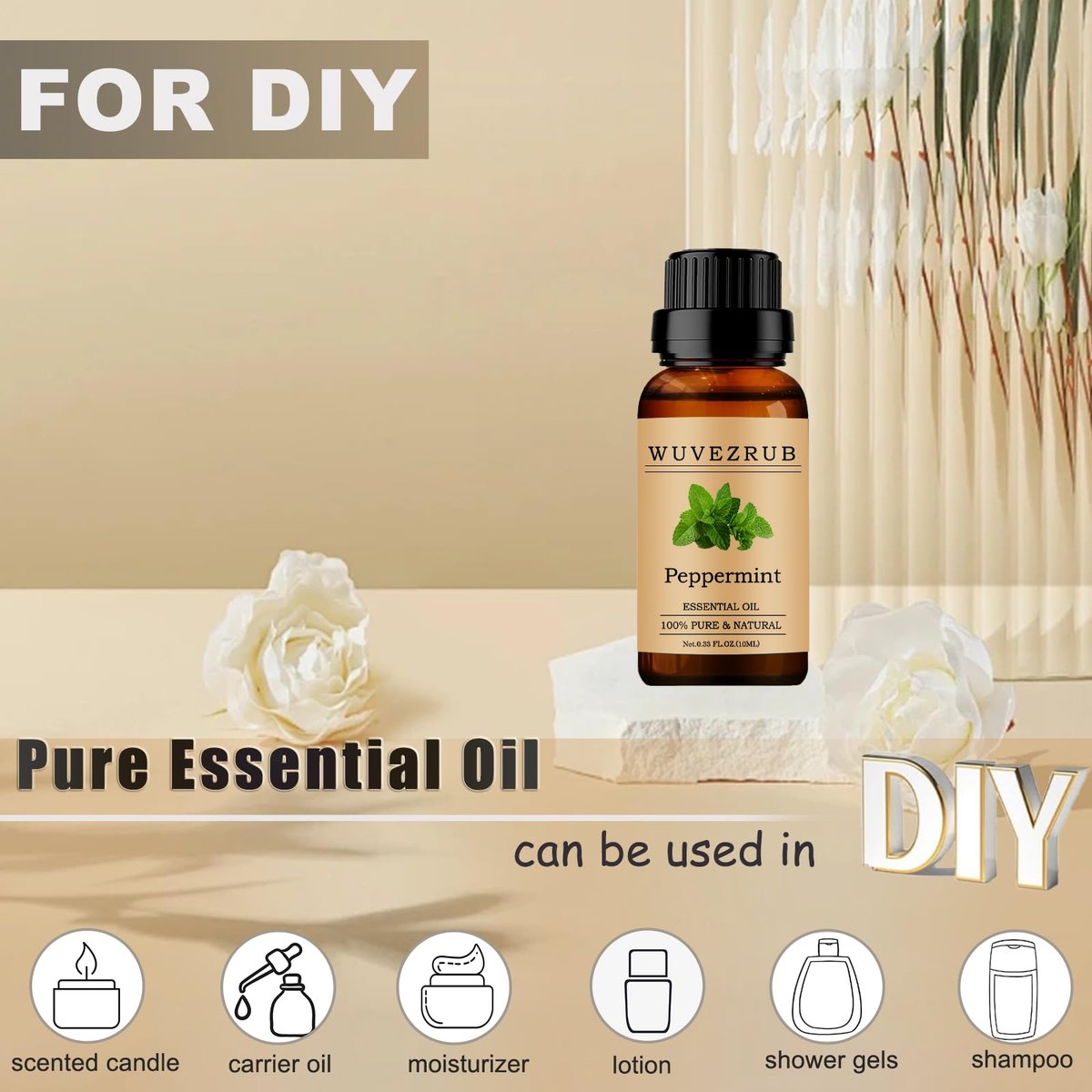 Wuvezrub Pfefferminz Ätherisches Öl 10 ml – 100 % reines und natürliches Öl für Aromatherapie-Diffuser