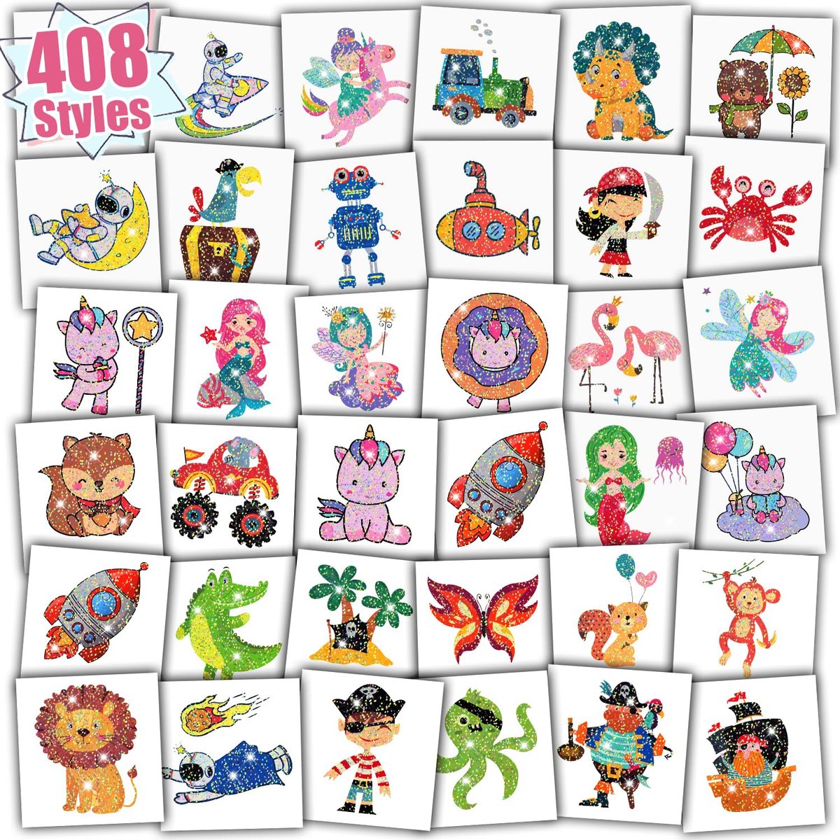 Partywind 408 Glitzer-Tattoos für Kinder – Individuell verpackte Tattoo-Sticker für Kindergeburtstage, Goodie Bags und Spiele