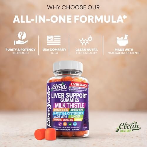 Clean Nutra Leberreinigung Detox & Reparatur Gummis | Mariendistel Gummis Leberunterstützung Vitamine | Löwenzahn, Artischocke, Aloe Vera, Ingwer, Berberin, Zitrone, N-Acetyl-L-Cystein, Kurkuma Nahrungsergänzungsmittel HCL