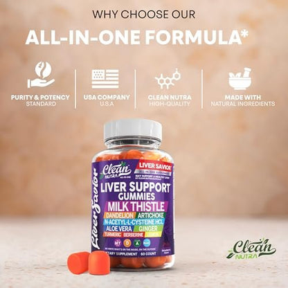 Clean Nutra Leberreinigung Detox & Reparatur Gummis | Mariendistel Gummis Leberunterstützung Vitamine | Löwenzahn, Artischocke, Aloe Vera, Ingwer, Berberin, Zitrone, N-Acetyl-L-Cystein, Kurkuma Nahrungsergänzungsmittel HCL