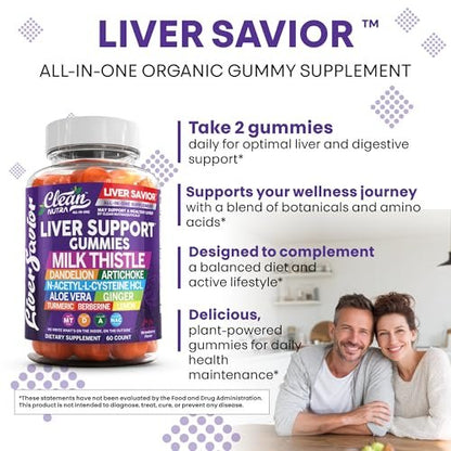 Clean Nutra Leberreinigung Detox & Reparatur Gummis | Mariendistel Gummis Leberunterstützung Vitamine | Löwenzahn, Artischocke, Aloe Vera, Ingwer, Berberin, Zitrone, N-Acetyl-L-Cystein, Kurkuma Nahrungsergänzungsmittel HCL