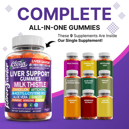 Clean Nutra Leberreinigung Detox & Reparatur Gummis | Mariendistel Gummis Leberunterstützung Vitamine | Löwenzahn, Artischocke, Aloe Vera, Ingwer, Berberin, Zitrone, N-Acetyl-L-Cystein, Kurkuma Nahrungsergänzungsmittel HCL