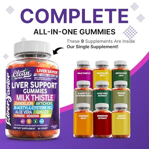 Clean Nutra Leberreinigung Detox & Reparatur Gummis | Mariendistel Gummis Leberunterstützung Vitamine | Löwenzahn, Artischocke, Aloe Vera, Ingwer, Berberin, Zitrone, N-Acetyl-L-Cystein, Kurkuma Nahrungsergänzungsmittel HCL