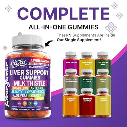 Clean Nutra Leberreinigung Detox & Reparatur Gummis | Mariendistel Gummis Leberunterstützung Vitamine | Löwenzahn, Artischocke, Aloe Vera, Ingwer, Berberin, Zitrone, N-Acetyl-L-Cystein, Kurkuma Nahrungsergänzungsmittel HCL