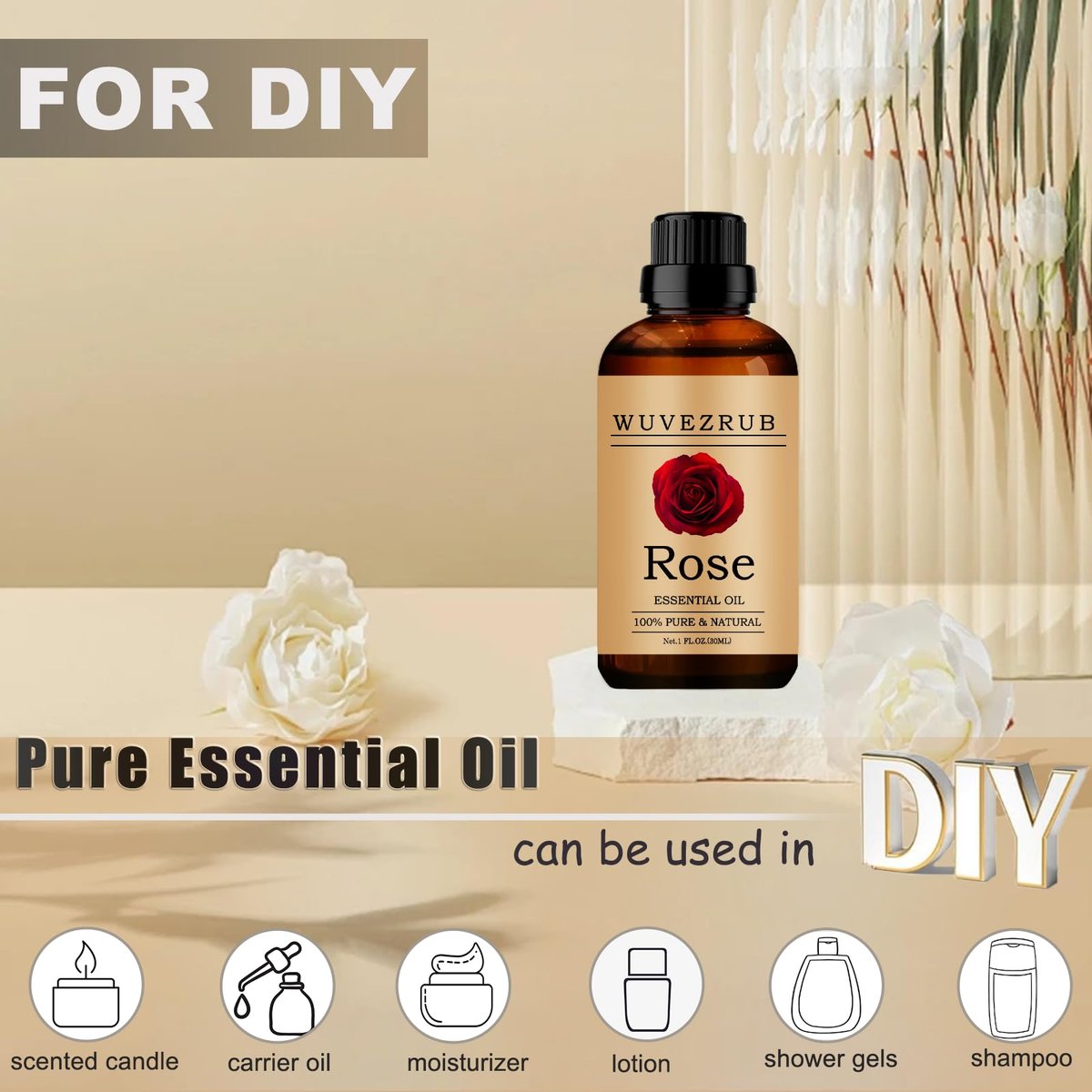 Wuvezrub Rosen-Essentialöl 30 ml – Reines und natürliches Öl für Aromatherapie-Diffuser