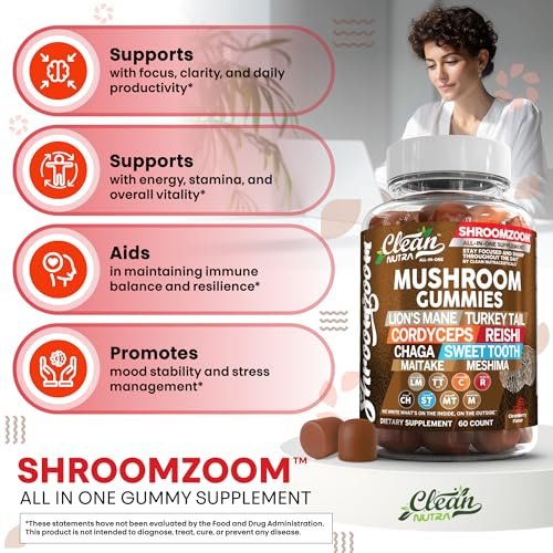 15-in-1 Pilz-Gummis mit Löwenmähne, Truthahnschwanz, Cordyceps, Reishi, Chaga, Sweet Tooth, Maitake, Meshima, Poria Cocos, Shiitake, Tremella, Austernpilz, Agaricus – für Männer und Frauen – Clean Nutra