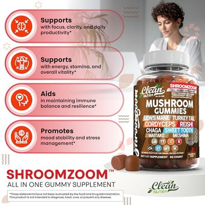 15-in-1 Pilz-Gummis mit Löwenmähne, Truthahnschwanz, Cordyceps, Reishi, Chaga, Sweet Tooth, Maitake, Meshima, Poria Cocos, Shiitake, Tremella, Austernpilz, Agaricus – für Männer und Frauen – Clean Nutra