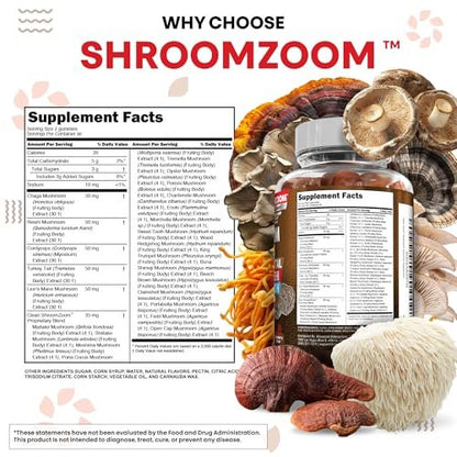 15-in-1 Pilz-Gummis mit Löwenmähne, Truthahnschwanz, Cordyceps, Reishi, Chaga, Sweet Tooth, Maitake, Meshima, Poria Cocos, Shiitake, Tremella, Austernpilz, Agaricus – für Männer und Frauen – Clean Nutra