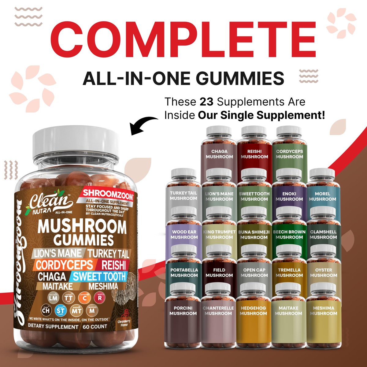 15-in-1 Pilz-Gummis mit Löwenmähne, Truthahnschwanz, Cordyceps, Reishi, Chaga, Sweet Tooth, Maitake, Meshima, Poria Cocos, Shiitake, Tremella, Austernpilz, Agaricus – für Männer und Frauen – Clean Nutra