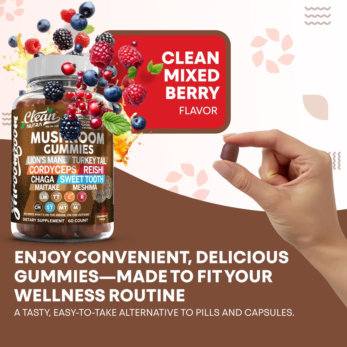 15-in-1 Pilz-Gummis mit Löwenmähne, Truthahnschwanz, Cordyceps, Reishi, Chaga, Sweet Tooth, Maitake, Meshima, Poria Cocos, Shiitake, Tremella, Austernpilz, Agaricus – für Männer und Frauen – Clean Nutra