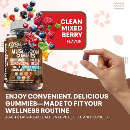 15-in-1 Pilz-Gummis mit Löwenmähne, Truthahnschwanz, Cordyceps, Reishi, Chaga, Sweet Tooth, Maitake, Meshima, Poria Cocos, Shiitake, Tremella, Austernpilz, Agaricus – für Männer und Frauen – Clean Nutra