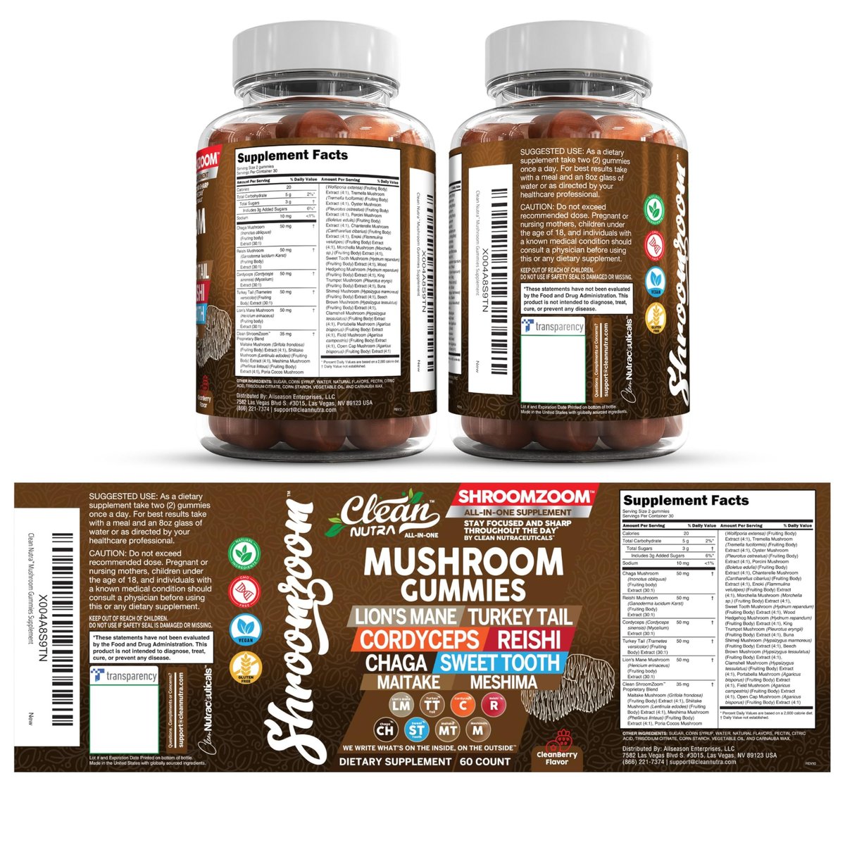 15-in-1 Pilz-Gummis mit Löwenmähne, Truthahnschwanz, Cordyceps, Reishi, Chaga, Sweet Tooth, Maitake, Meshima, Poria Cocos, Shiitake, Tremella, Austernpilz, Agaricus – für Männer und Frauen – Clean Nutra
