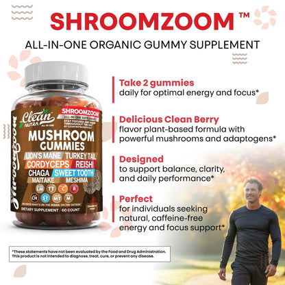 15-in-1 Pilz-Gummis mit Löwenmähne, Truthahnschwanz, Cordyceps, Reishi, Chaga, Sweet Tooth, Maitake, Meshima, Poria Cocos, Shiitake, Tremella, Austernpilz, Agaricus – für Männer und Frauen – Clean Nutra