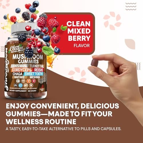 15-in-1 Pilz-Gummis mit Löwenmähne, Truthahnschwanz, Cordyceps, Reishi, Chaga, Sweet Tooth, Maitake, Meshima, Poria Cocos, Shiitake, Tremella, Austernpilz, Agaricus – für Männer und Frauen – Clean Nutra