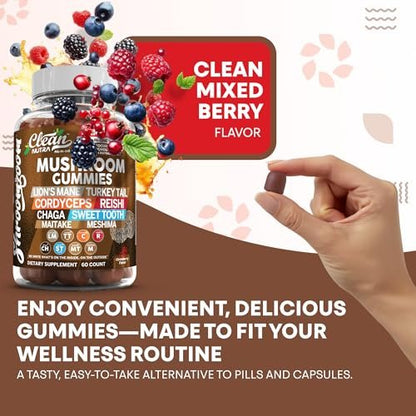 15-in-1 Pilz-Gummis mit Löwenmähne, Truthahnschwanz, Cordyceps, Reishi, Chaga, Sweet Tooth, Maitake, Meshima, Poria Cocos, Shiitake, Tremella, Austernpilz, Agaricus – für Männer und Frauen – Clean Nutra