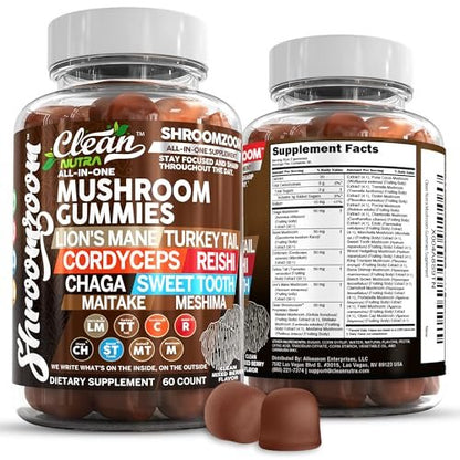 15-in-1 Pilz-Gummis mit Löwenmähne, Truthahnschwanz, Cordyceps, Reishi, Chaga, Sweet Tooth, Maitake, Meshima, Poria Cocos, Shiitake, Tremella, Austernpilz, Agaricus – für Männer und Frauen – Clean Nutra