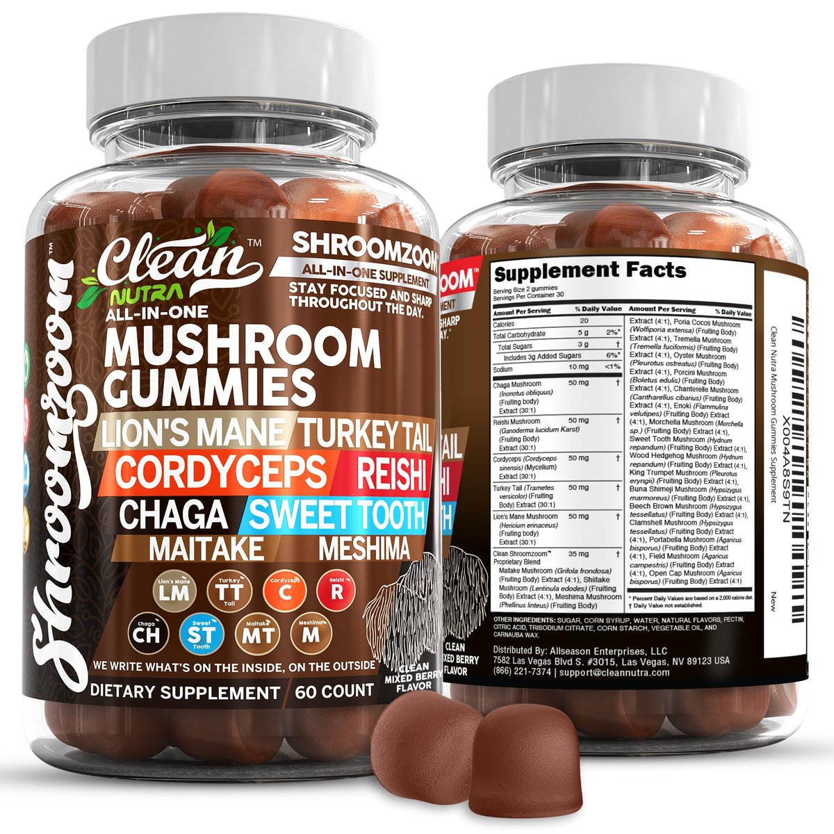 15-in-1 Pilz-Gummis mit Löwenmähne, Truthahnschwanz, Cordyceps, Reishi, Chaga, Sweet Tooth, Maitake, Meshima, Poria Cocos, Shiitake, Tremella, Austernpilz, Agaricus – für Männer und Frauen – Clean Nutra