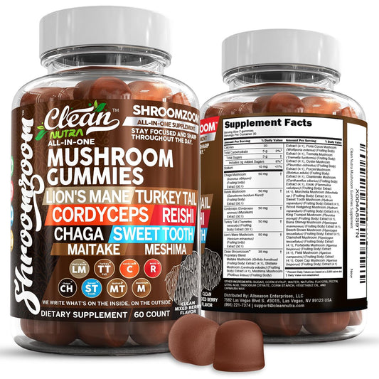 15-in-1 Pilz-Gummis mit Löwenmähne, Truthahnschwanz, Cordyceps, Reishi, Chaga, Sweet Tooth, Maitake, Meshima, Poria Cocos, Shiitake, Tremella, Austernpilz, Agaricus – für Männer und Frauen – Clean Nutra