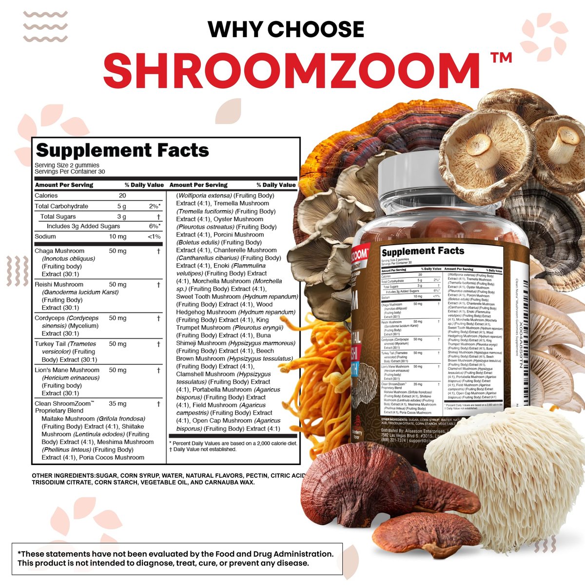 15-in-1 Pilz-Gummis mit Löwenmähne, Truthahnschwanz, Cordyceps, Reishi, Chaga, Sweet Tooth, Maitake, Meshima, Poria Cocos, Shiitake, Tremella, Austernpilz, Agaricus – für Männer und Frauen – Clean Nutra
