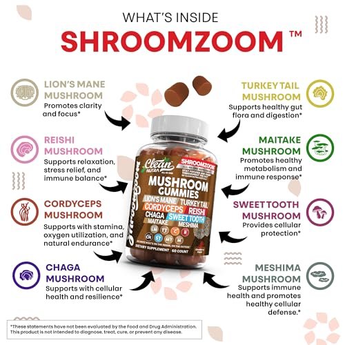 15-in-1 Pilz-Gummis mit Löwenmähne, Truthahnschwanz, Cordyceps, Reishi, Chaga, Sweet Tooth, Maitake, Meshima, Poria Cocos, Shiitake, Tremella, Austernpilz, Agaricus – für Männer und Frauen – Clean Nutra