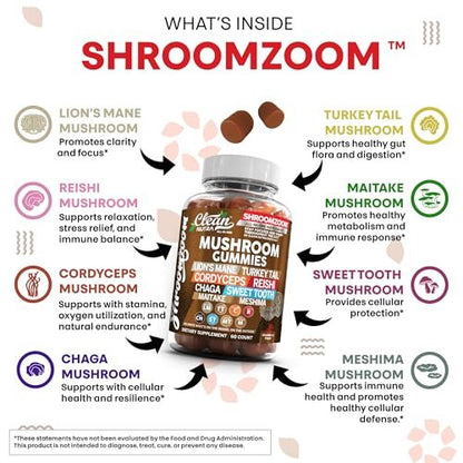 15-in-1 Pilz-Gummis mit Löwenmähne, Truthahnschwanz, Cordyceps, Reishi, Chaga, Sweet Tooth, Maitake, Meshima, Poria Cocos, Shiitake, Tremella, Austernpilz, Agaricus – für Männer und Frauen – Clean Nutra